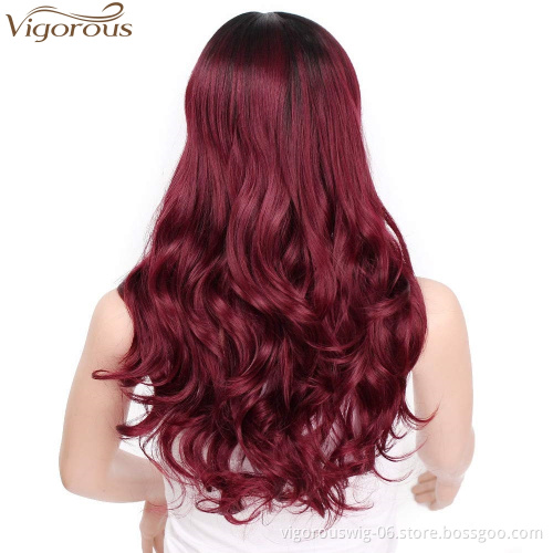Vigorous Fiber for Women Long Curly Ombre Black to Red Wavy Synthetic Party Middle Part Cosplay Full Wigs